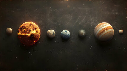 A fiery sun and planets on a black starry background.