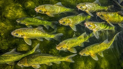 School of vibrant green fish swimming in clear, green water.