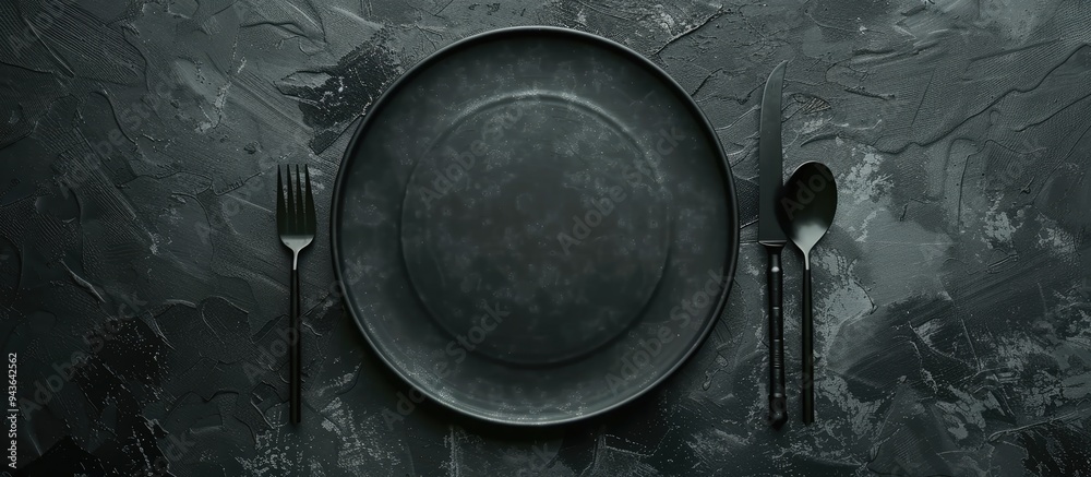 Poster dark textured concrete background with an empty ceramic round plate set for dinner accompanied by cu