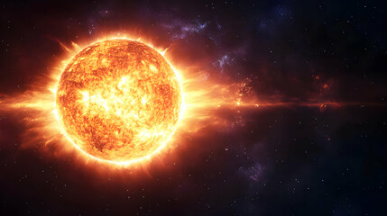 A fiery sun flares in the vastness of space, with a galaxy of stars surrounding it.