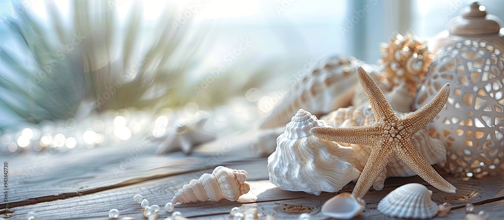 Poster A summer themed setting with seashells or starfish on a table providing a backdrop for text in a copy space image