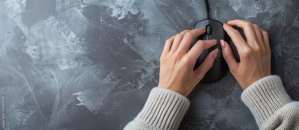 Poster top view of a woman using a stylish wired computer mouse against a grey background with ample copy s