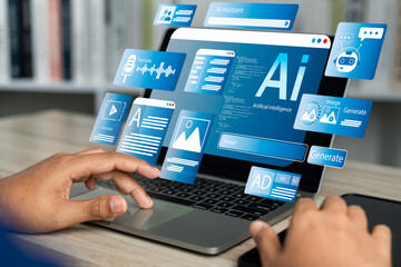 Businessman use artificial intelligence AI technology for enhanced work efficiency data analysis and efficient tools, Unlocking work potential with AI solutions chatbot help solve work problems.