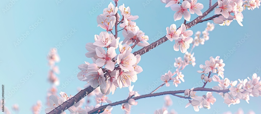 Aufkleber almond tree branches in bloom set against a clear blue sky perfect for spring themed copy space imag