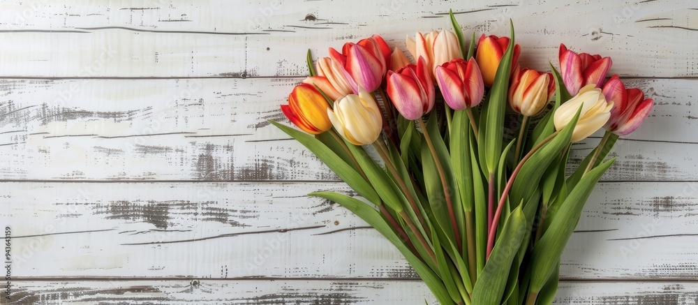 Poster vibrant tulip bunch displayed on weathered white wooden backdrop ideal for easter themed visuals wit