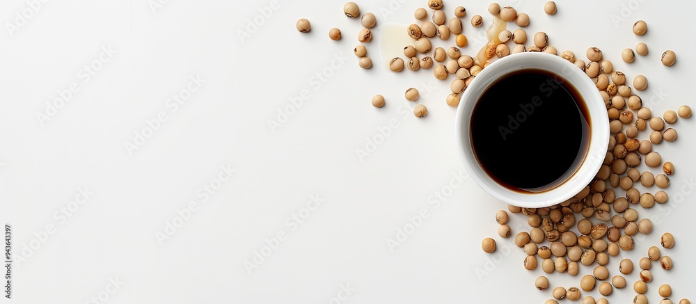 Poster White background with a copy space image featuring soy sauce and soybeans
