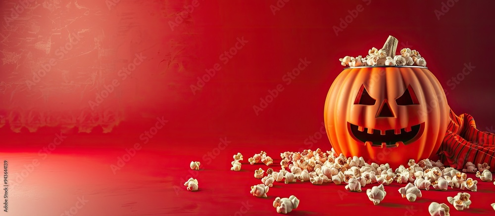 Poster A Halloween themed picture featuring a pumpkin popcorn and red backdrop ideal for adding text or other elements copy space image