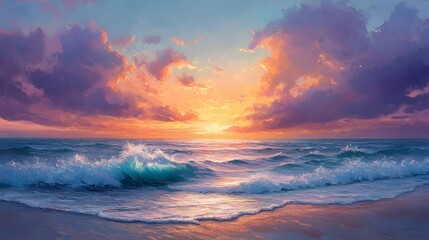 Sunset beach, fluid brushstrokes, vivid sky hues, soft waves on shore, oil painting texture, tranquil mood