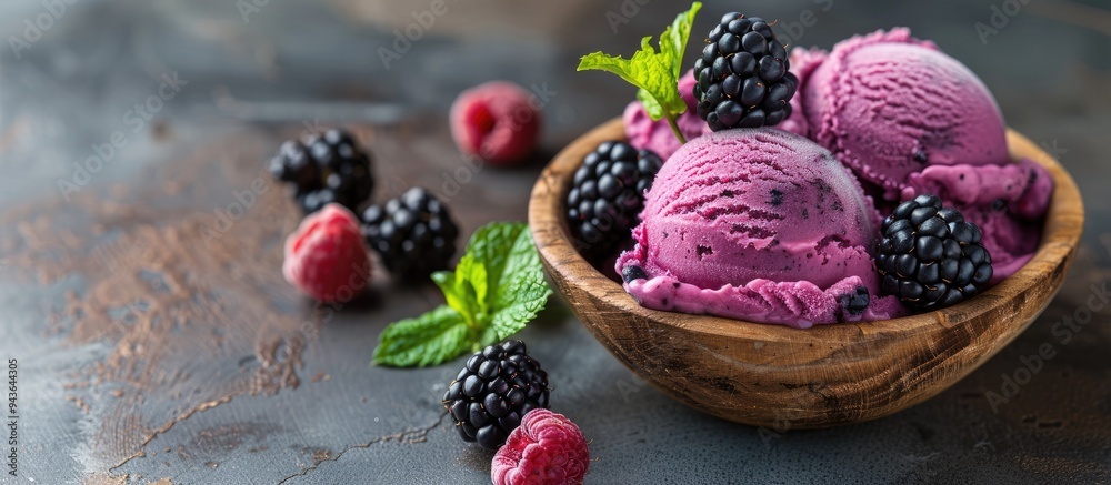 Aufkleber a summer dessert showcasing blackberry ice cream in a rustic wooden bowl adorned with fresh berries 