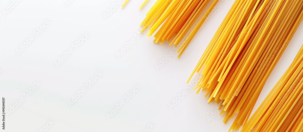 Poster Top view of uncooked spaghetti on a white backdrop with space for adding images known as a copy space image