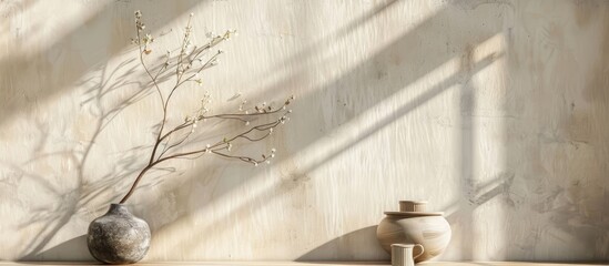 Living room decor with a minimalist design showcasing a wooden consola ceramic bowl gray vase with branch cup beige wall and personal items ideal for copy space image