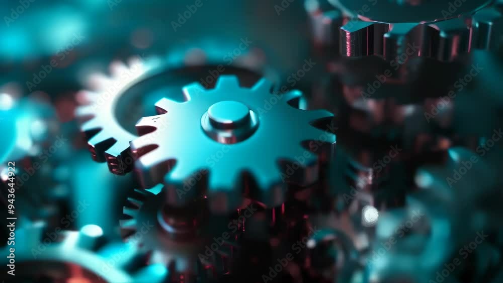 Poster close-up of interlocking metal gears with a futuristic, high-tech design. concept of engineering, pr