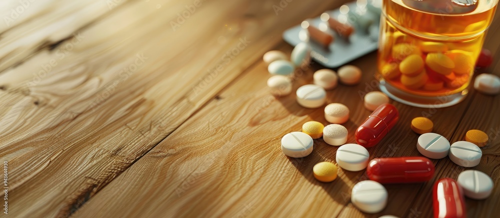 Poster Wooden table hosting various pills an organizer and a glass of water in close up view with available space for text alongside the image. Creative banner. Copyspace image