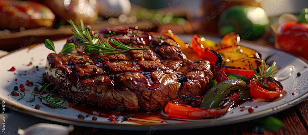 Aufkleber a detailed photo focusing on a plate of savory grilled steak complemented by roasted peppers and gar