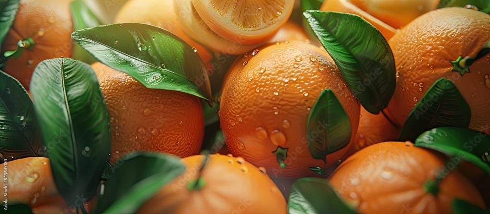 Leinwandbilder A close up view of a stack of fresh oranges in a market stall with lush green leaves peeking through creating an inviting copy space image