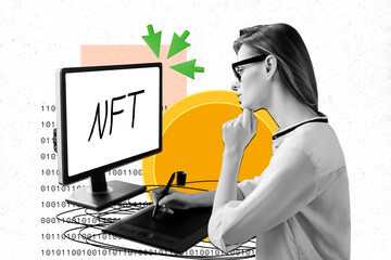 Composite photo collage of serious businesswoman sit pc monitor nft crypto concept miner golden...