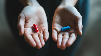 Fototapeta premium A pair of hands offering a choice between a red and a blue pill, symbolizing reality and decisions politics political party