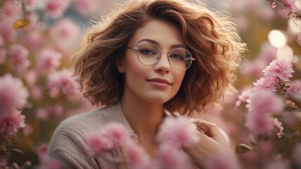 Fototapeta premium Content woman with glasses, surrounded by falling pink flowers, enjoying the outdoors, 4K realism