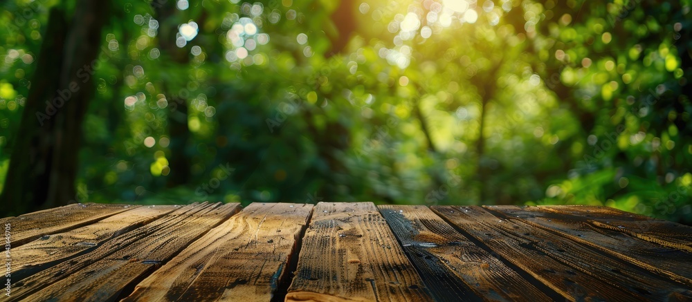 Poster a wooden table with a blurred green forest background provides ample copy space for showcasing adver
