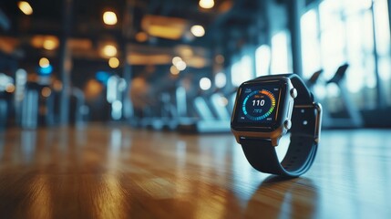 Close-up of a smartwatch displaying fitness metrics during a workout in a modern gym with sleek, smart equipment.