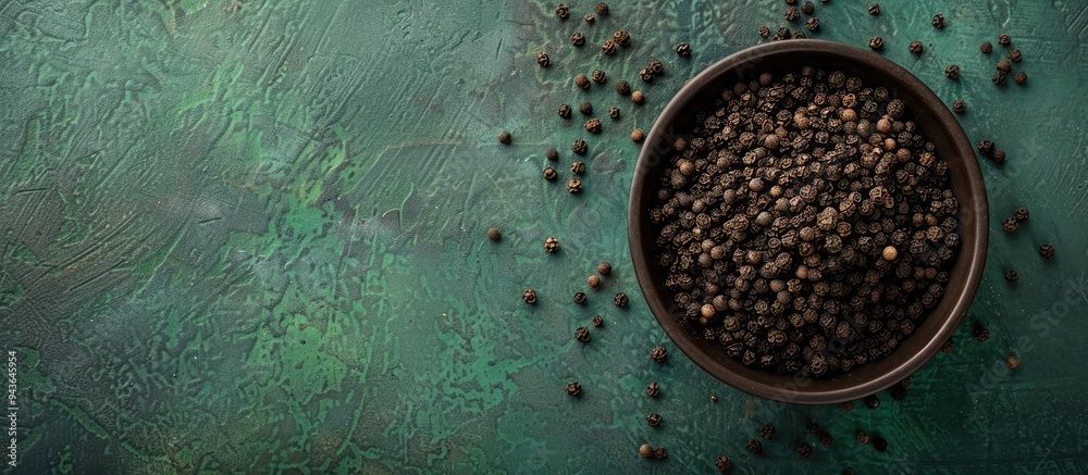 Poster top view of a bowl filled with ground black pepper on a green surface with copy space image
