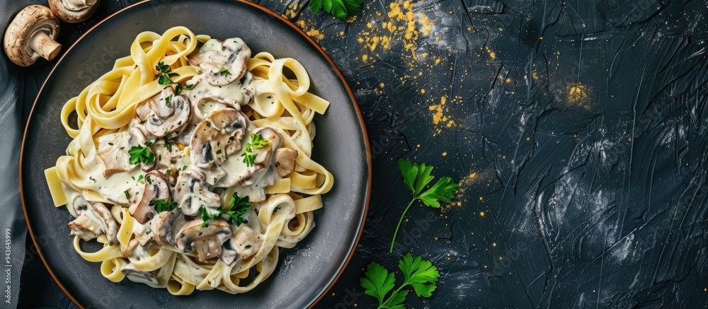 Poster Top down view of homemade Italian pasta with champignon mushrooms and cream sauce on a rustic dark backdrop with copy space image