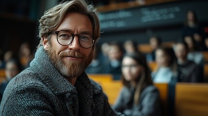 Portrait of a Confident Man with Beard and Glasses in a Lecture Hall