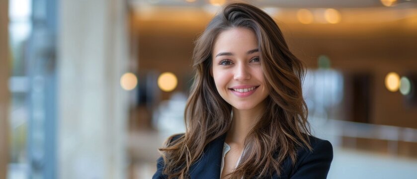 A confident woman in professional attire, smiling before a glass wall. The image exudes a smart, formal vibe in a well-lit indoor setting.