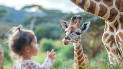 Obraz premium A baby giraffe with its mother in a serene grassland, a child points excitedly, while an adult observes lovingly. The scene radiates peace and harmony.