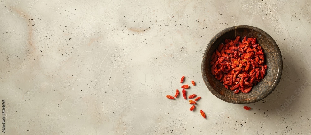 Leinwandbilder top view of a bowl with dried goji berries on a light textured table creating copy space image