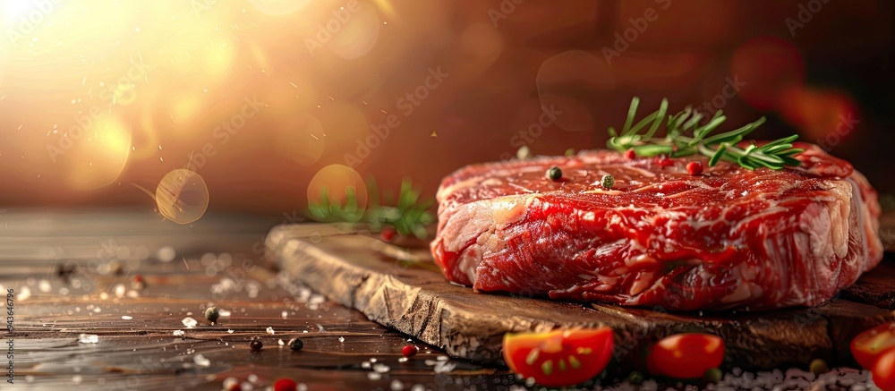 Aufkleber Uncooked beef steak displayed on a table with available copy space image