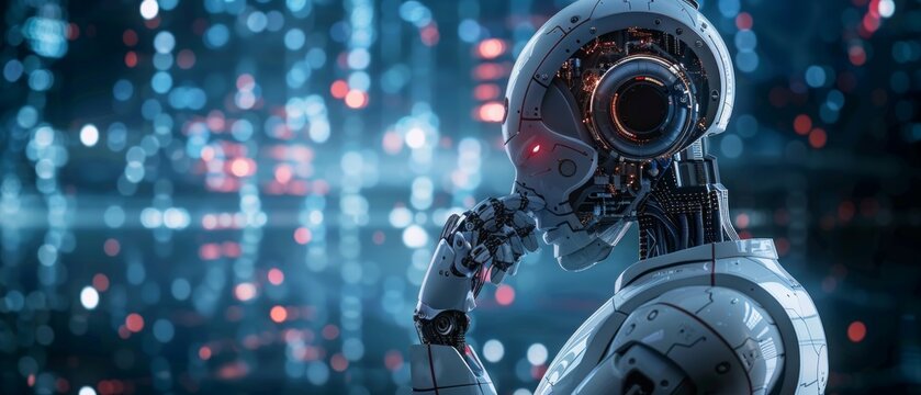 Close-up view of a humanoid robot facing left with white exterior, red eyes, cityscape background. No text or binary code visible. - Powered by Adobe