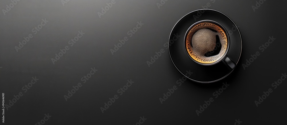 Poster a black mug filled with coffee stands on a dark backdrop allowing for copy space image