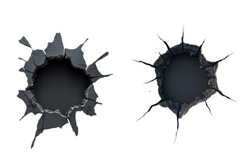 A broken, cracked hole in a grey wall with a black background and white background.