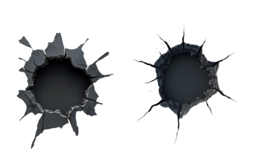 A broken, cracked hole in a grey wall with a black background and white background.