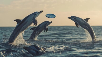 Obraz premium Dolphins playing frisbee in the ocean, jumping high to catch the disc with their mouths.