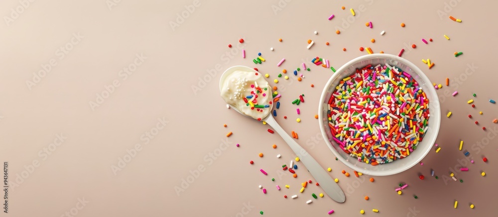 Poster colorful sprinkles in a bowl with a spoon on a beige background with copy space image for customizat
