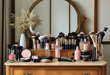 Stylish dressing table with makeup and accessories, perfect for beauty routines.