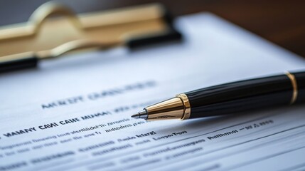 Naklejka premium Close-up of pen on the document, Insurance claim paperwork being filled. Sign approval, Insurance concept.