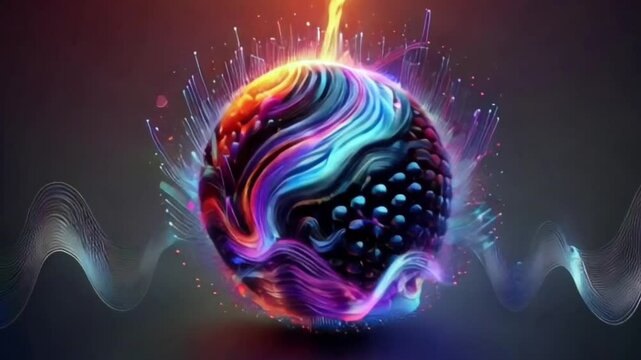 Vibrierende Neonfarben-Sph&auml;re mit dynamischen Klangwellen - Abstraktes Musikvisualisierungs-Video
