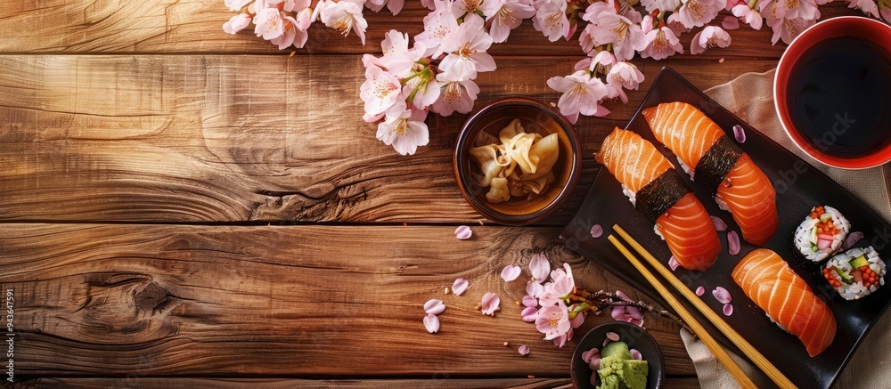 Poster japanese food culture highlighted on a table with cherry blossom branch and chopsticks offering enou