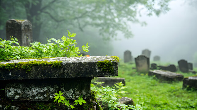 Old graveyard crumbling tombstones foggy atmosphere
