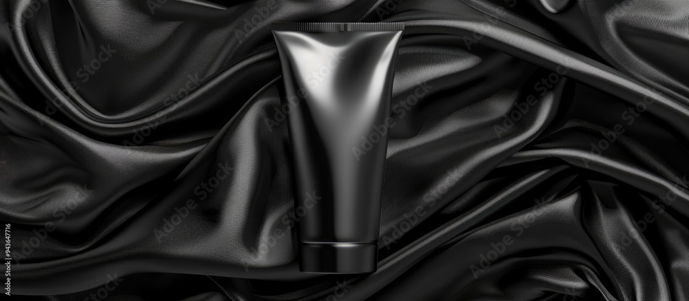 Poster Black cream tube on a black fabric with a textured background ideal for a mockup with copy space image available