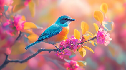 Obraz premium A colorful bird perched on a blooming branch surrounded by vibrant flowers during a serene spring morning
