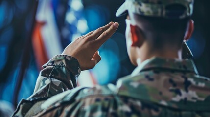 A uniformed soldier salutes in front of various national flags, with an American flag in the background.