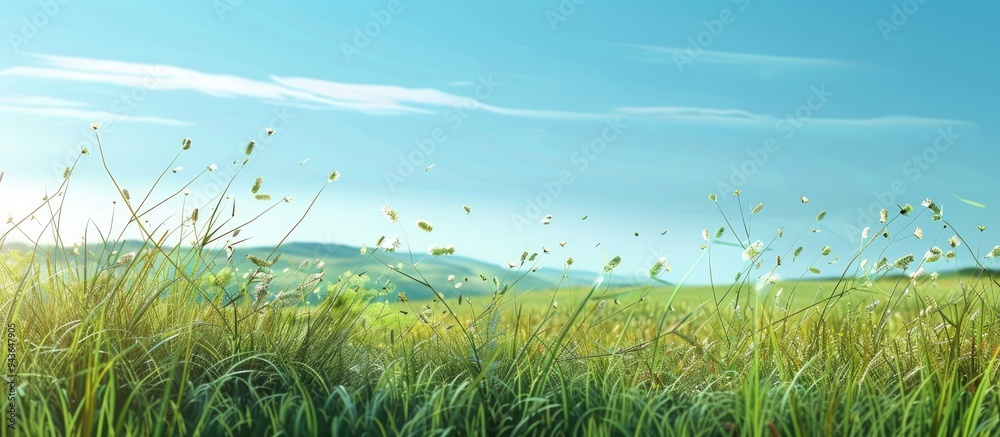 Aufkleber tranquil rural scene with tall grass tiny snails clear blue sky and distant hills perfect for a copy