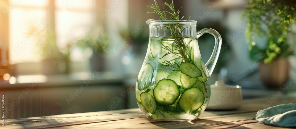 Aufkleber close up of a jug with cucumber water and rosemary on a blurred background ready for text placement 