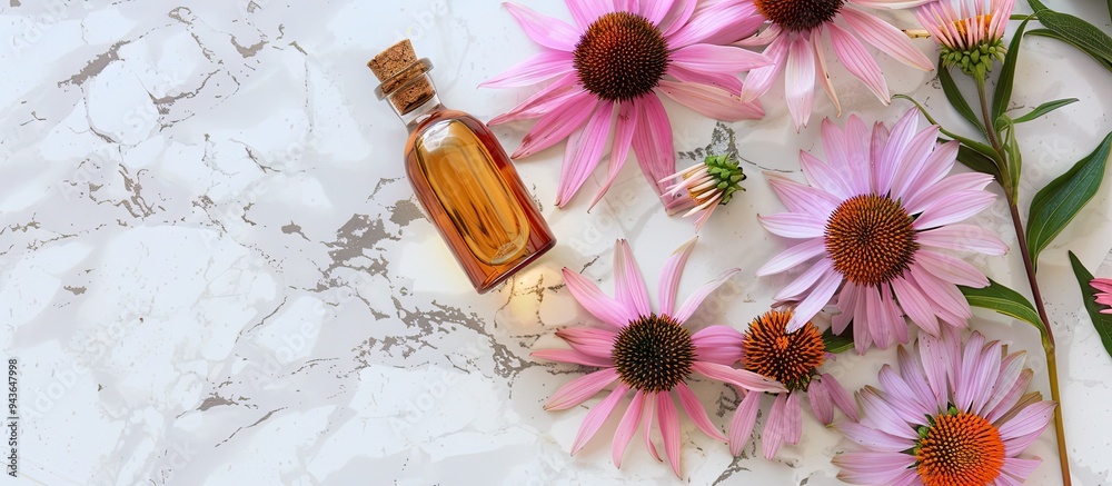 Poster copy space image showing echinacea purpurea extract or oil with flowers on a marble background repre