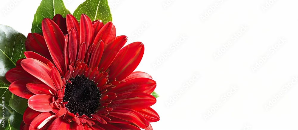 Poster close up shot of a red gerbera flower with green leaves in a studio setting featuring a white backgr