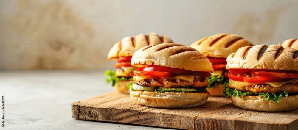 Poster grilled vegetable sandwiches displayed on a wooden board against a bright backdrop with copy space i